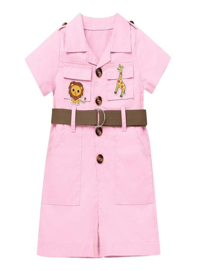 IDOPIP Baby Girls Safari Outfit Jungle One Piece Romper + Hat Jumpsuit Toddler Summer Birthday Party Clothes Set Halloween Overall Shorts Photo Shoot Bodysuit with Belt Pink 2-3 Years - Image 2